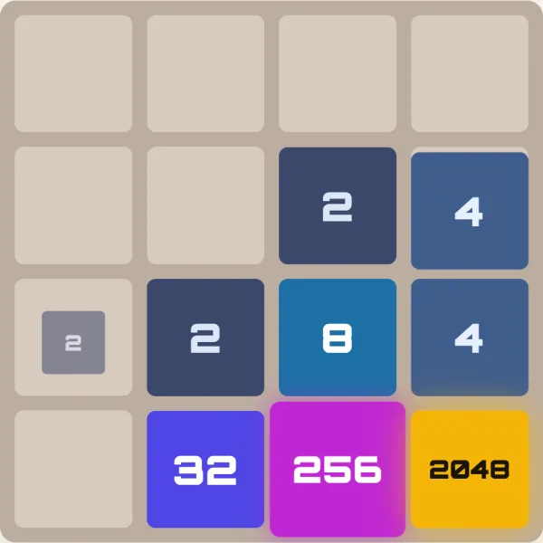 2048 game board where the AI solver has built a 2048 tile in the bottom-right corner, illustrating the corner-snake strategy