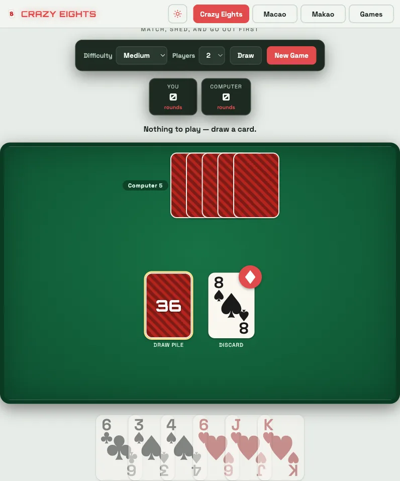 A Crazy Eights game against the computer: a seven-card hand at the bottom with only one card highlighted as a legal play, the other six dimmed as unplayable, on a two-of-diamonds discard.