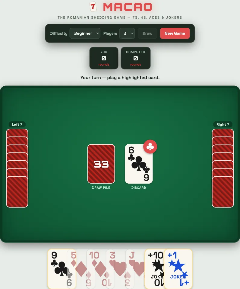 The Macao card game against two computer opponents. The player's hand at the bottom holds two of Macao's coloured jokers — a black joker marked +10 and a blue joker marked +1 — alongside ordinary cards, on a six-of-clubs discard.