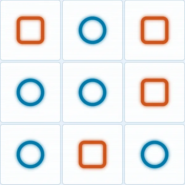 Completed 3x3 tic-tac-toe board from a game against the Hard AI, filled with circles and squares and no three-in-a-row, ending in a draw