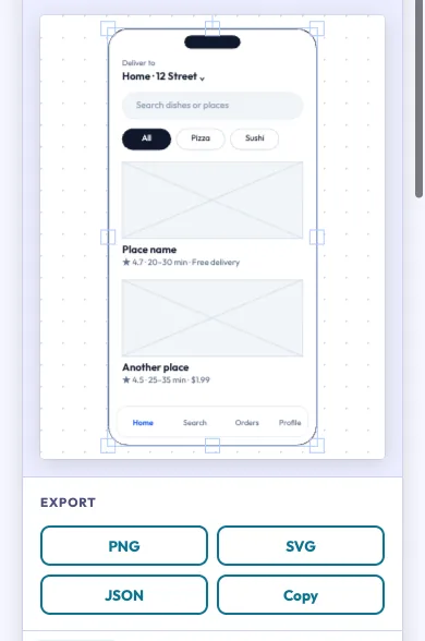 The wireframe tool on a phone, showing a food delivery app screen