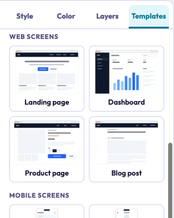 The templates panel with thumbnails of ready-made web screens