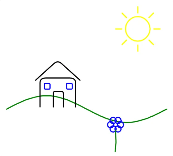 A freehand pencil drawing of a house, a sun and a flower