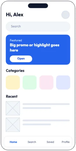 Mobile app home screen wireframe template