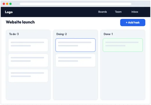 Task board wireframe template with three columns
