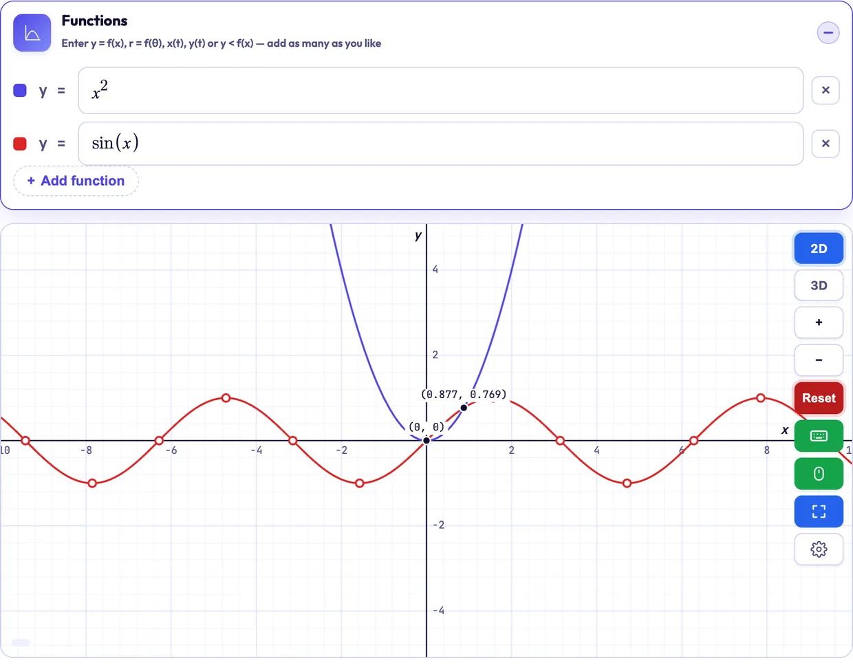 The LK Forge graphing calculator plotting y = x squared and y = sin(x) together, with a blue parabola and red sine wave, gridlines, axis labels, marked interesting points, and 2D/3D and settings controls.